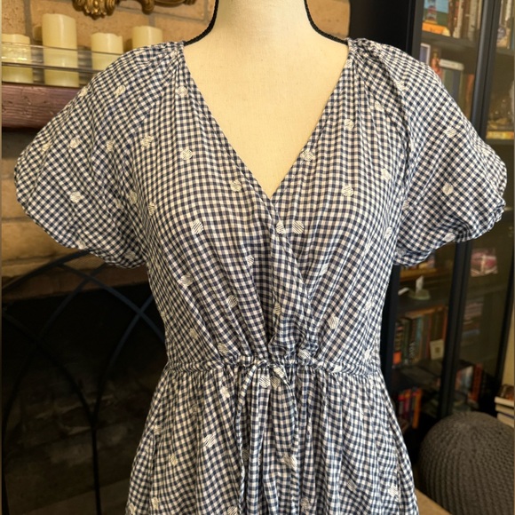 SOLD MADEWELL Embroidered Gingham Faux Wrap Tie Waist Midi Dress - Small - Picture 4 of 16